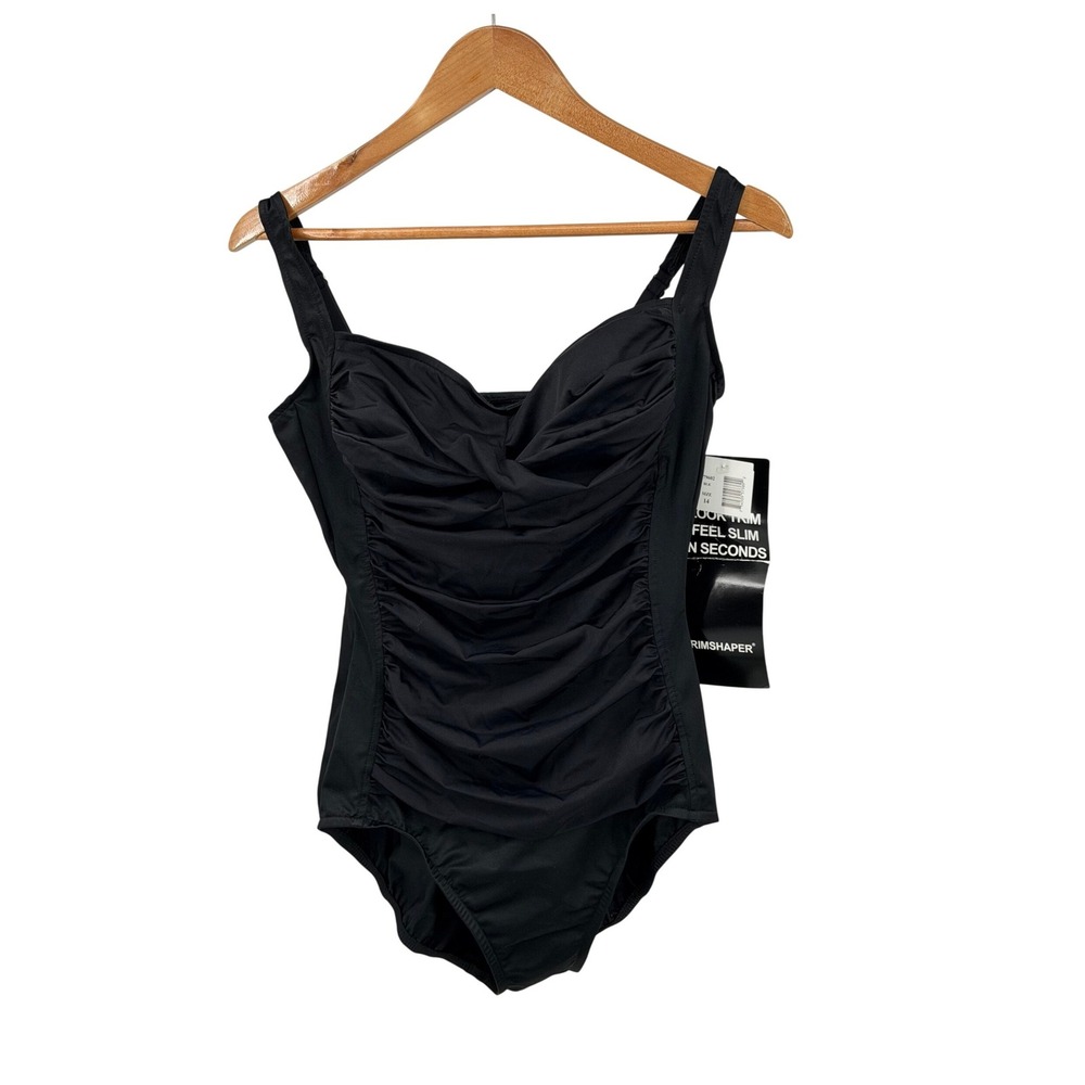 Trimshaper One Piece Swimsuit Womens 14 Black Ruched Tummy Control NWT